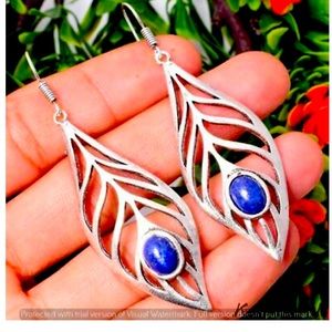 3” Feather Lapis Lazuli stone 925 Sterling Silver plated earrings